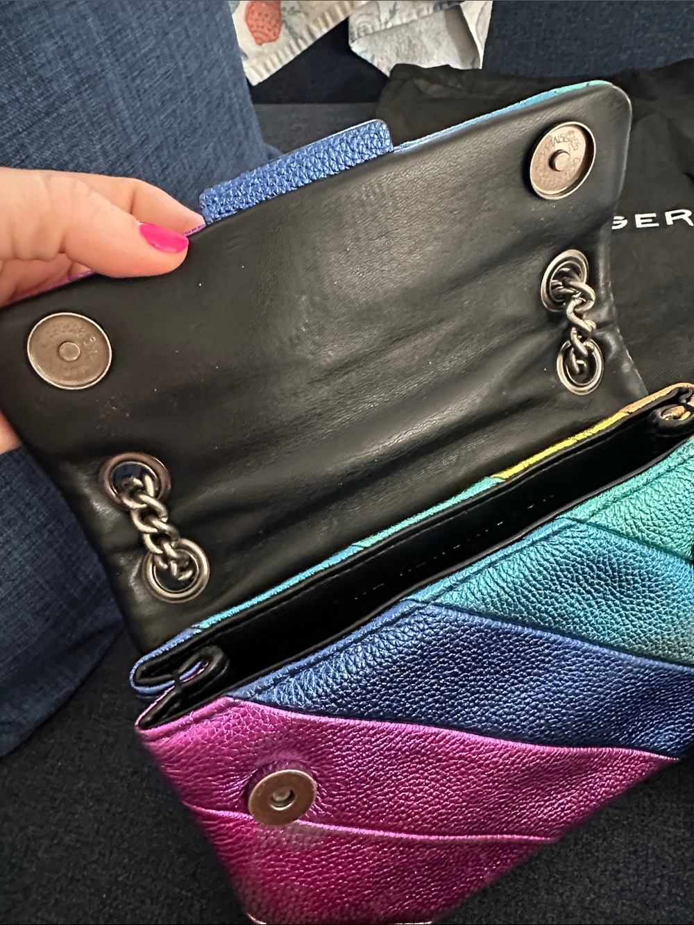 KURT GEIGER LONDON Mini Kensington Leather Crossbody - Rainbow Chevron - Picture 11 of 12